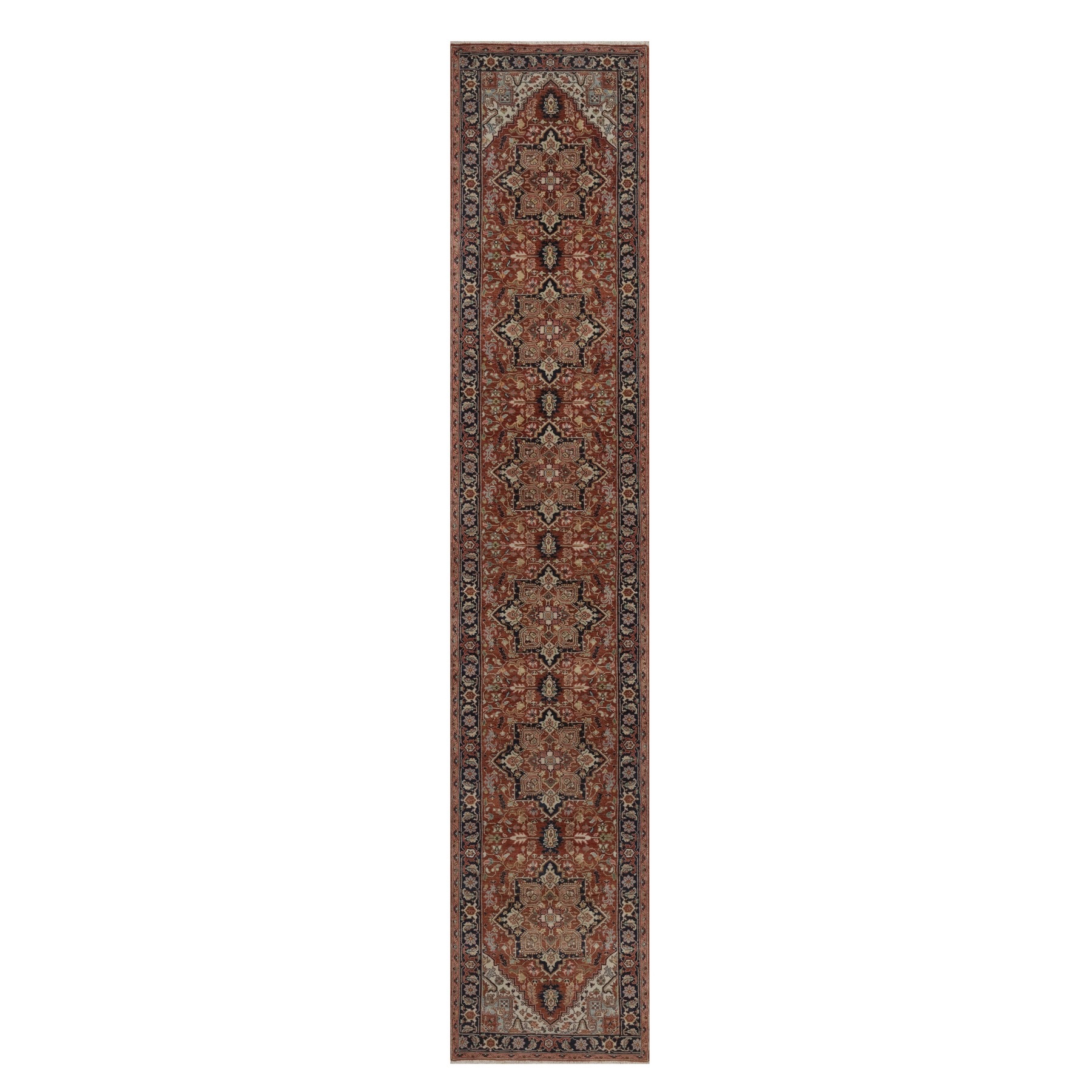2'8"x13'10" Auburn Red, Antiqued Fine Heriz Re-Creation, Medallions Design, Hand Knotted, Hand Spun New Zealand Wool, Denser Weave, Vegetable Dyes, Runner, Oriental Rug 